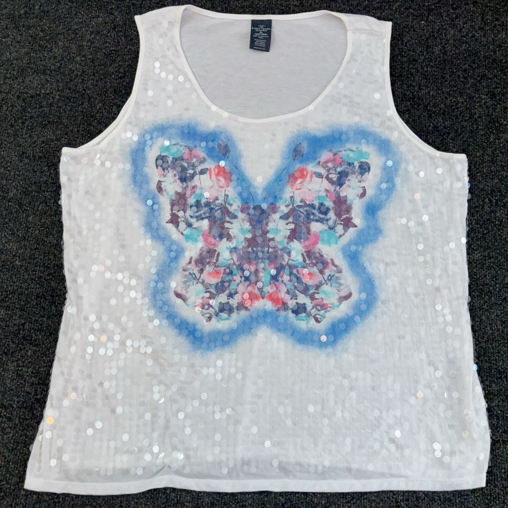 Faded Glory Tank Top Womens Plus 4X White Floral Butterfly Sequin Scoop Neck